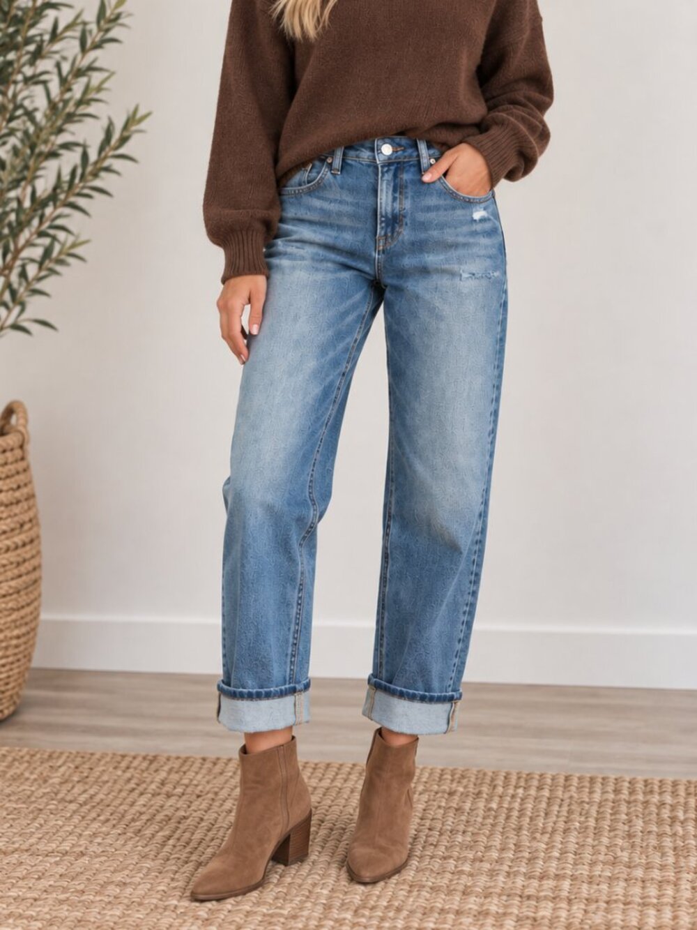 421. RISEN Medium Denim Blue Cropped Cuffed Boyfriend Jeans